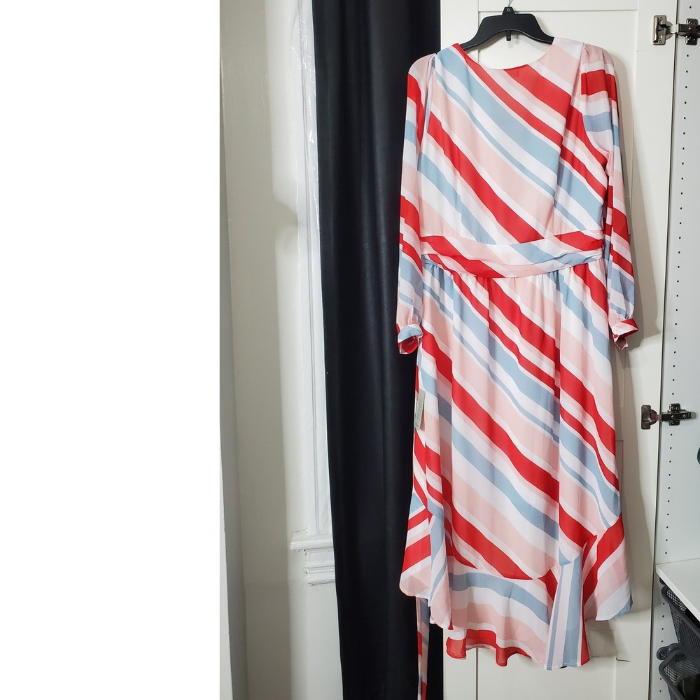 NWT Nordstrom Red Pink Striped Hi-Lo Midi Dress‎ Long Sleeve Size L